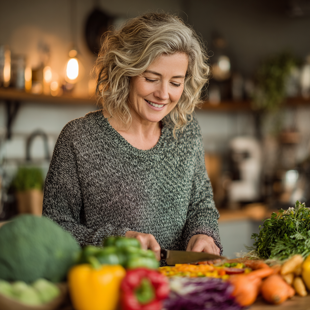 Confident middle-aged woman in her 40s preparing healthy fresh vegetables in a modern kitchen, smiling while chopping colorful ingredients for nutritious meal planning