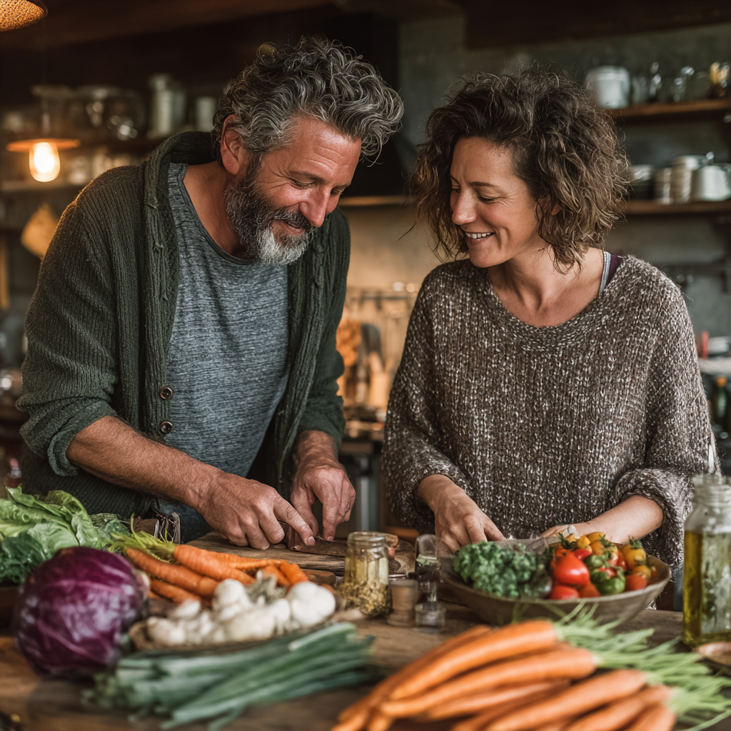 Happy mature couple in their late 40s preparing healthy meal together in bright kitchen, both smiling while organizing fresh organic vegetables and ingredients for nutritious cooking