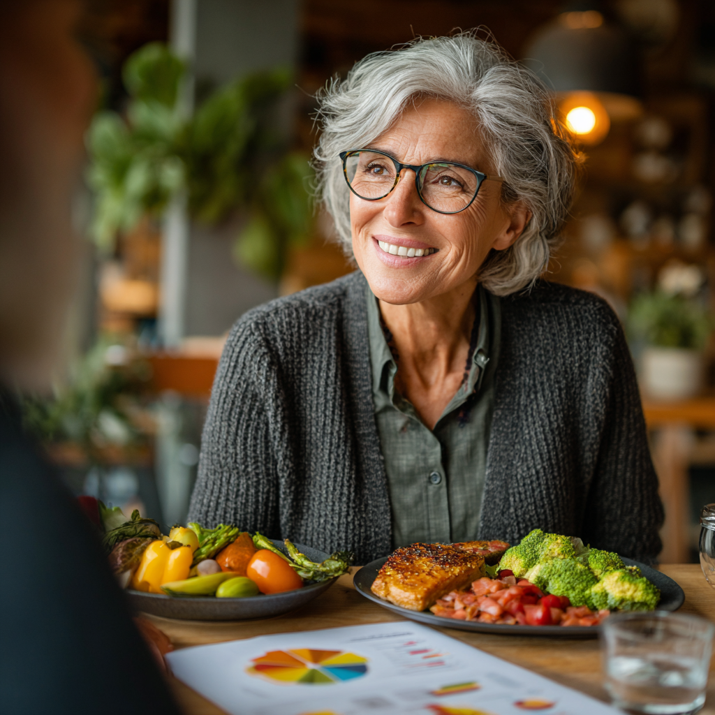 Professional nutritionist woman in her 50s consulting with client, showing healthy meal plan charts and discussing personalized nutrition goals in modern office setting